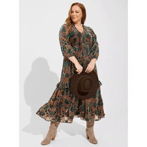 Torrid Tea Length Velvet Burnout Ruffle Dress Brown Teal 2X NWT